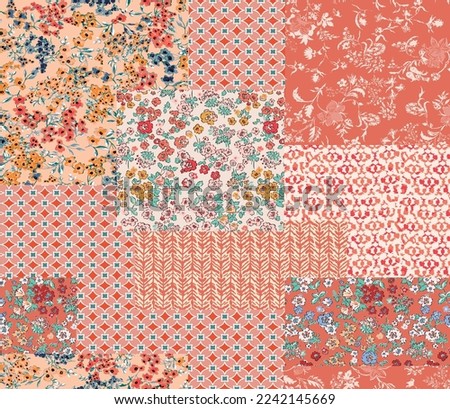 patchwork floral pattern with flower, geometric and handmade motifs. boho style pattern for textil and decoration