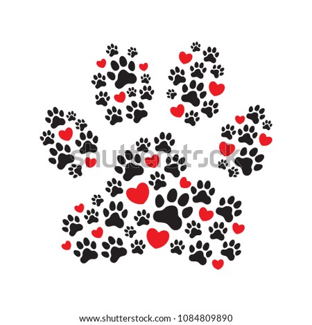 Paw print filled with paw prints and hearts. Animal's (dog's) paw print. Love your pet. Love to nature. Vector illustration.