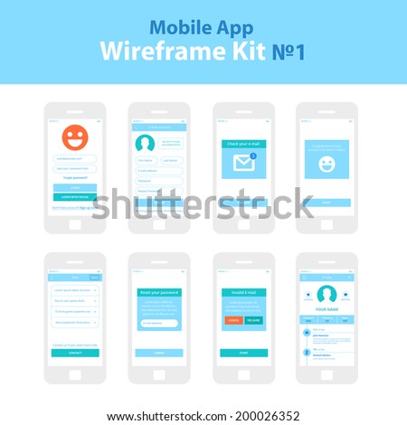 Mobile App Wireframe Ui Kit ?1. Splash screen, create account, check your e-mail, login screen, help screen, reset password screen, invalid e-mail screen, profile screen, main screen, sign up screen.