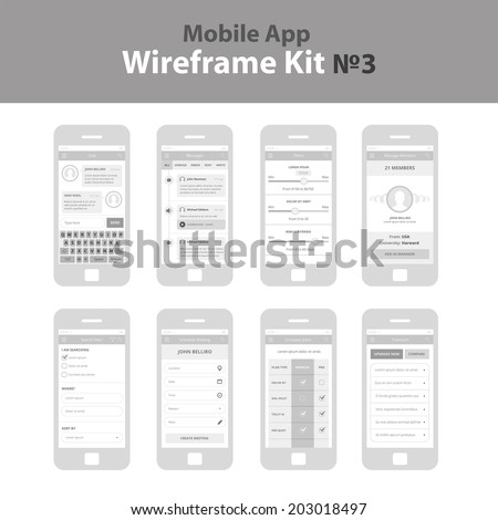 Mobile App Wireframe Ui Kit 3. Chat screen, messages screen, filters screen, manage members screen, search filter screen, schedule meeting screen, compare plans screen, premium plan screen.