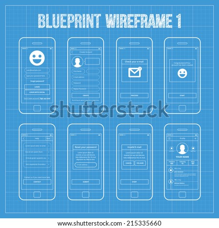 Blueprint wireframe mobile app ui kit  1.  Login screen, create account screen, check your e-mail screen, account create screen, help screen, password reset screen, invalid email screen, profile.