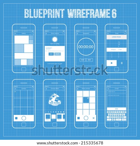 Blueprint wireframe mobile app ui kit  6. Gallery screen, voice memos screen, stopwatch screen, timer screen, camera screen, choose effect screen, photo archive screen, e-mail screen.