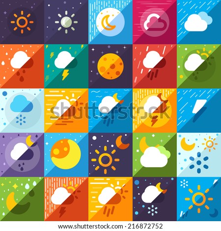 Weather icons flat set. 25 beautiful icons for your design. Sunny weather, rainy weather, snowy weather, stormy weather, cloudy weather, night, moon, snowflakes, thunder, storm, wind, foggy.
