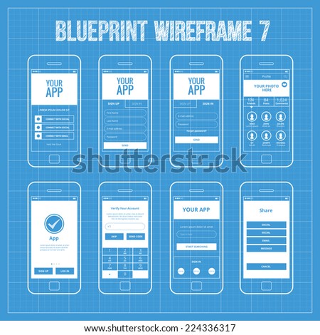 Blueprint Mobile App Wireframe Ui Kit 7. Welcome screen, sign in screen, sign up screen, profile screen, tutorial screen, verify account screen, your app screen, register screen, share.