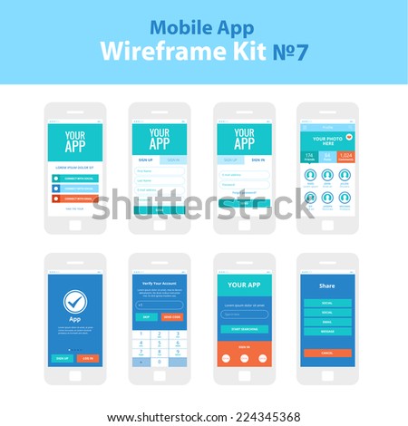Mobile App Wireframe Ui Kit 7. Welcome screen, sign in screen, sign up screen, profile screen, tutorial screen, take the tour screen, verify account screen, your app screen, register screen, share.