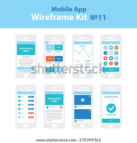 Mobile App Wireframe Ui Kit 11. Blog post screen, image gallery post screen, statistics screen, achievements screen, social connection screen, news screen, feed screen, congratulations screen.