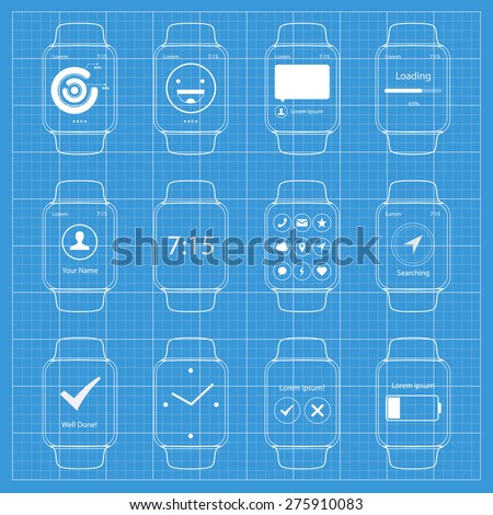 Vector Popular Smart Watch Icons Blueprint WIreframe 