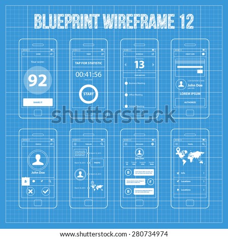 Mobile App Wireframe Blueprint Ui Kit 12. Score screen, timer screen, schedule screen, credit card screen, profile screen, timeline screen, messages screen, travel information screen,.