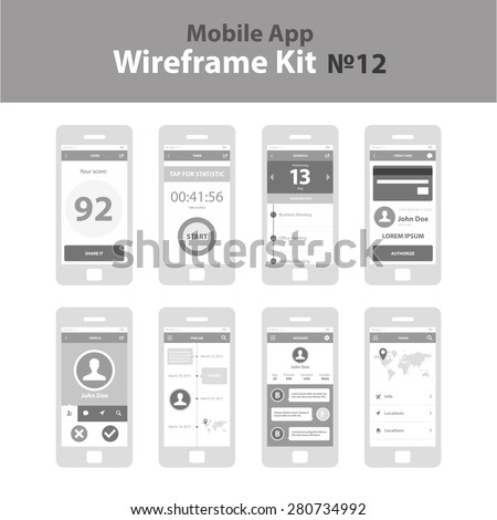 Mobile App Wireframe Ui Kit 12. Score screen, timer screen, schedule screen, credit card screen, profile screen, timeline screen, messages screen, travel information screen,.