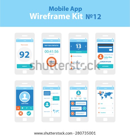 Mobile App Wireframe Ui Kit 12. Score screen, timer screen, schedule screen, credit card screen, profile screen, timeline screen, messages screen, travel information screen,.