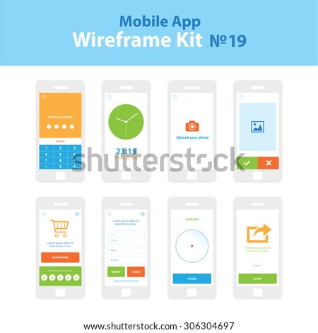 Mobile App Wireframe Ui Kit 19. Create a password screen, world time clock screen, upload your photo screen, choose your picture screen, go shopping screen, register information screen, searching