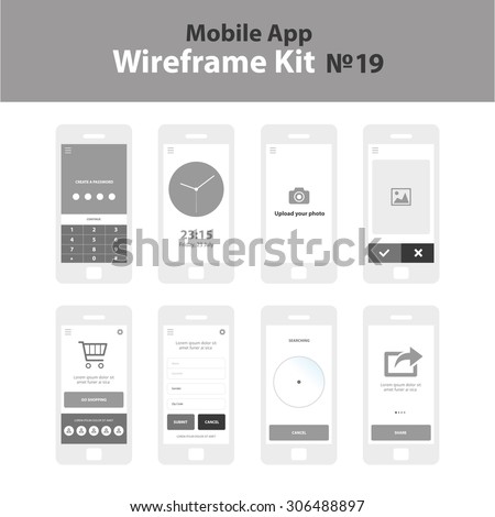 Mobile App Wireframe Ui Kit 19. Create a password screen, world time clock screen, upload your photo screen, choose your picture screen, go shopping screen, register information screen, searching