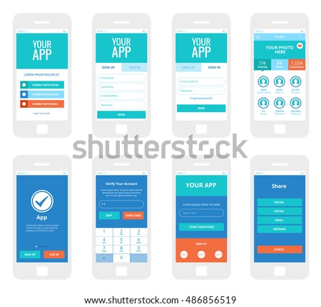 Mobile App Wireframe Ui Kit. Welcome screen, sign in screen, sign up screen, profile screen, tutorial screen, take the tour screen, verify account screen, your app screen, register screen, share.