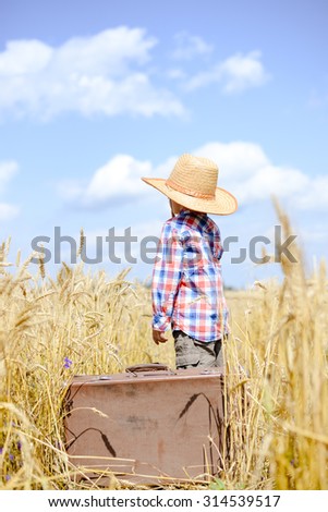 Picture of little kid in straw hat and shirt with retro suitcase. Backview of boy standing in wheat field on blue sky sunny outdoors background. Imagine de stoc © 
