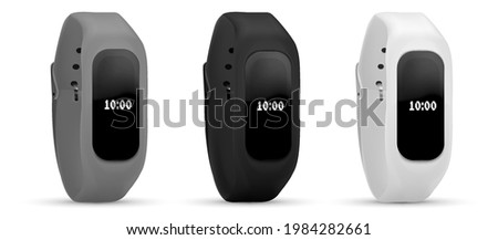 Fitness bracelet Collection of smart band. Realistic set of bright concepts on the use of fitness bracelets. Bracelet with run activity tracking.