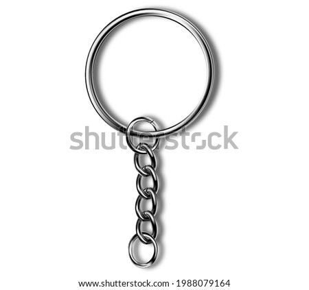 Keychains set keyring holders isolated on white background. Silver colored accessories or souvenir pendants mockup.Reallistic keychain template set.