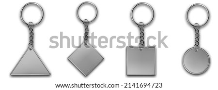 Leather different shapes keychain, trinket keyring mockup. Keyholder and breloque illustration. Keyring holders isolated on white background. Blank accessory.