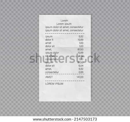 Receipt roll cash payment. Bills invoice for cash or credit card transaction. Isolated receipt template.