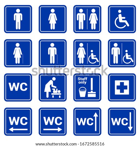 Set of vector white toilet symbols icons on a blue background. WC pictogram, man, woman, handicap, staff, nursery, first aid. Squared icon with borderSquared icon with border.