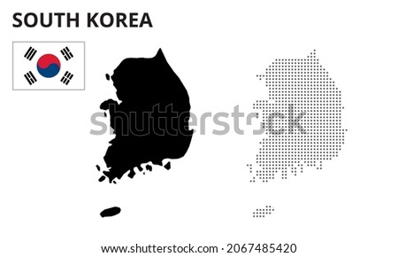 Map of south korea vector silhouette. South korea map dotted. South korea flag