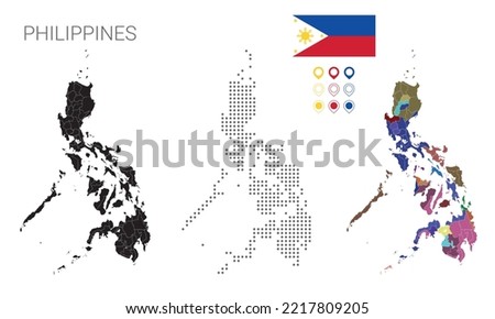 Map of Philippines dotted with silhouette e people region, with flag e pin in color, vector illustration scalable.