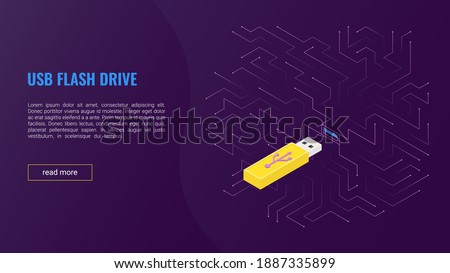 Vector isometric illustration, usb flash drive against the background of lines in the style of computer chips. Design template for web banner, landing page. Copyspace.