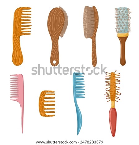 Hairbrushes vector set. Professional comb for hair styling. Curling and style brush. Hairdresser, stylist and beauty salon tools vector set. Illustration of hairbrush and comb, haircut and grooming.