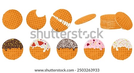 Stroopwafels cookies set. Sweet dutch bakery and pastry desserts with sprinkles. Vector isolated illustrations of holland waffles with caramel for menu designs, prints, stickers