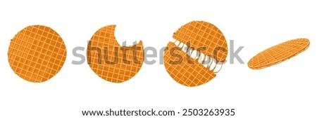 Stroopwafels cookies set. Sweet dutch bakery and pastry desserts with caramel topping. Vector isolated illustrations of broken, hole and bitten holland waffles for menu designs, prints, stickers