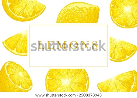 Lemons vector card. Citrus sticker design. Chopped lemon. Text retro typography. Fruity pattern cover background. Label for food, drink, flavour packaging. Uncut elements. White background