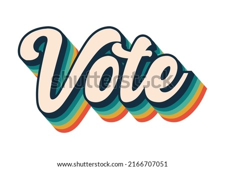 Vote graphic, rainbow voting retro font, president election, political democracy, design font stripe effect, blue green yellow red vintage style lettering, voting democrat republican, white background