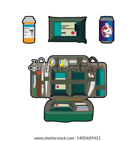 set of medical equipment pubg game vector illustration isolated on white background. Medkit, painkillers, bandages