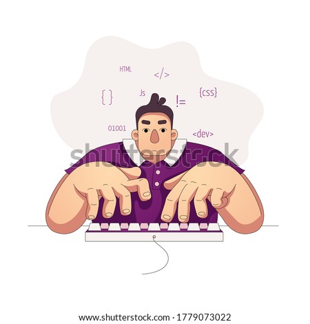 programmer developer working on code, coding, testing, debugging, analysing. young man works with programming languages, typing on keyboard. stock vector illustration isolated on white