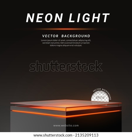 Square podium frosted glass floor with orange neon light on a black background. Concept of design for product display. Layout square, Vector illustration