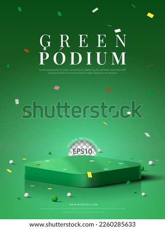 Square podium with confetti on green background