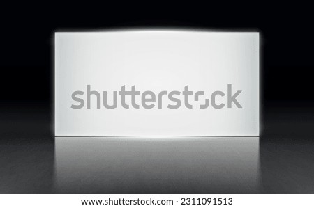 Large empty dark room concrete floor with big blank white illuminated screen backdrop all elements isolated. Vector illustration