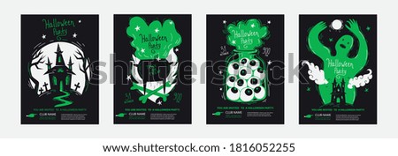 Halloween party posters invitations set in minimalism duo tone style, good for typography print. Template layout of  invite with lettering title - 