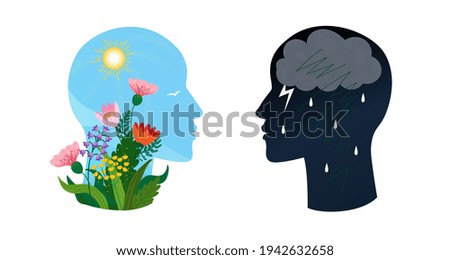 Psychotherapy or psychology support concept. Two heads with different states of consciousness minde - depression with thundercloud and rain and positive mental health mood with sun and flowers. Vector