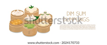 Momo and dim sum food sets in bamboo steamer baskets. Steamed dumplings banner template isolated on white. Asian traditional cuisine. Vector illustration in cartoon flat style