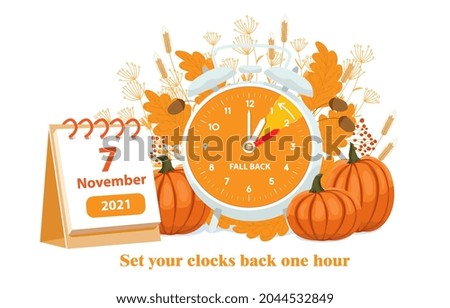 Daylight saving time, 2021 concept. Alarm clock and calendar with the date of November 7 on the autumn leaves and pumpkins background. The reminder text - set clock back one hour. Vector illustration