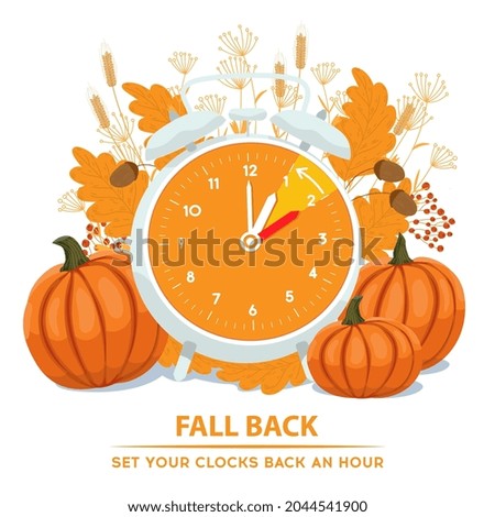 Daylight Saving Time ends concept. Vector illustration of turning alarm clock in autumn decoration. Fall Back time vector illustration with reminder text - set your clocks back an hour.