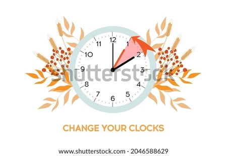 Daylight saving time ends. Fall back change clocks. Vector illustration with a clock turning an hour back. Clocks in a floral frame of autumn orange foliage.