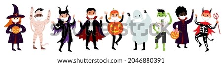 Halloween set of kids in costumes and medical protective masks from COVID-19. Vector diverse cute and funny characters dressed up in halloween clothes - mummy, zombie, witch, ghost, maleficent.