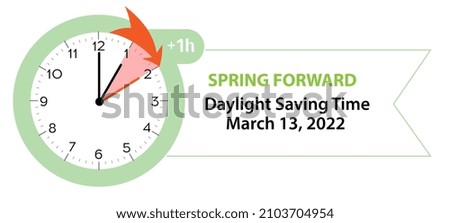 Daylight Saving Time Begins. Spring Forward Time in March 13, 2022 Web Banner Reminder. Vector illustration with clocks turning to an hour ahead Сток-фото © 