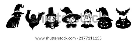 Halloween cute characters set little witch, vampire, zombie, ghost with lantern pumpkin and cat. Cartoon halloween cute funny characters in doodle black and white style.