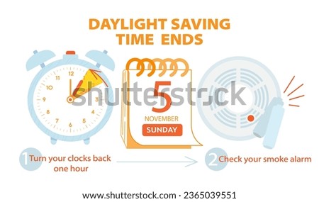 Daylight saving time ends 5 november 2023 banner. Fall back time. Banner reminder with info about changing time and batteries in smoke alarm. Clock back one hour. USA and Canada