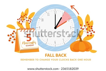 Daylight saving time ends 5 november 2023 banner. Fall Back time. Banner with alarm clock and calendar date with info. Clocks change back one hour. USA and Canada