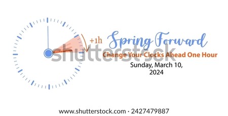 Spring Forward 2024 banner. Clock set forward one hour with date March 10. Daylight saving time concept with reminder text Change Your Clocks. Graphic vector illustration