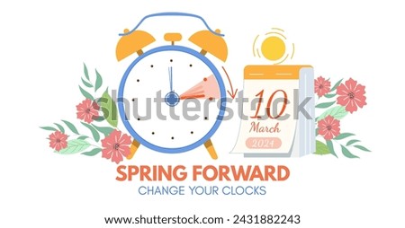 Daylight saving time, 2023 concept. Alarm clock and calendar with the date of March 10, on the floral background. Spring Forward reminder banner with text - change your clocks. vector illustration