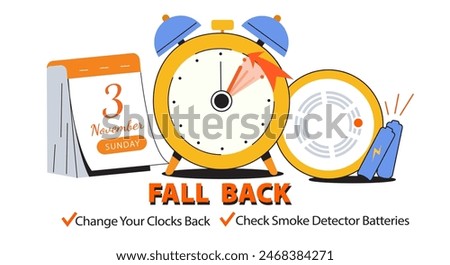 Daylight Saving Time Ends. Fall Back Time Banner. Clock with calendar date of changing time in November 3, 2024 with reminder text - Change Your Clock Back One Hour and Check Smoke Detector Batteries